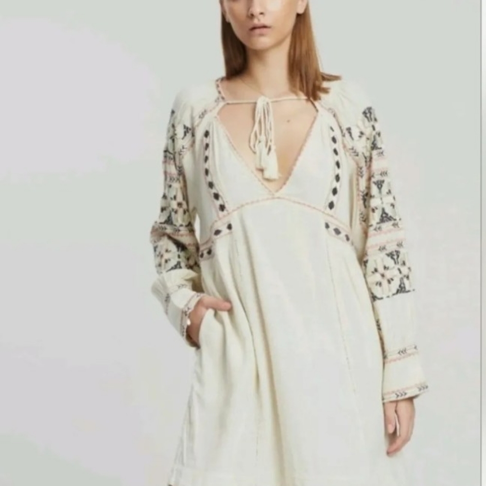 FREE PEOPLE ALL MY LIFE EMBROIDERED IVORY DRESS - LARGE